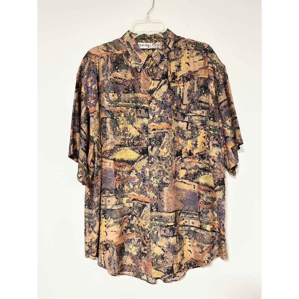 Thums Up For Him Mens Large 100% Silk Abstract Paisley Button Down Shirt Vintage - Picture 1 of 8